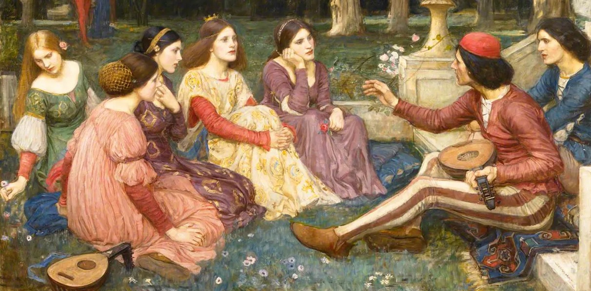 Reunión de mujeres sentadas en el jardin. Siglo XIX