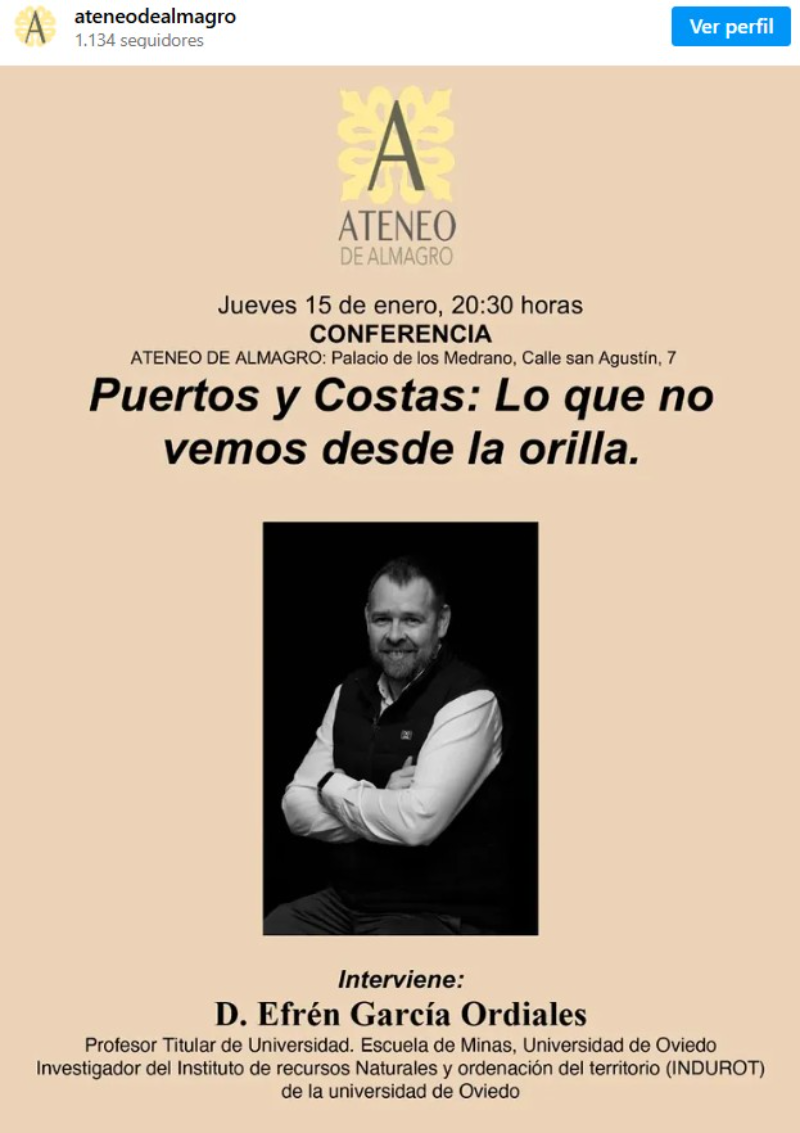 El IGeA-UCLM participa en la conferencia “Puertos y Costas: Lo que no vemos desde la orilla” en el Ateneo de Almagro