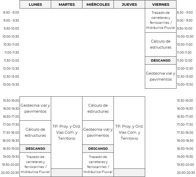 Horarios del Grado en Ingeniería Civil y Territorial - curso 2024/25