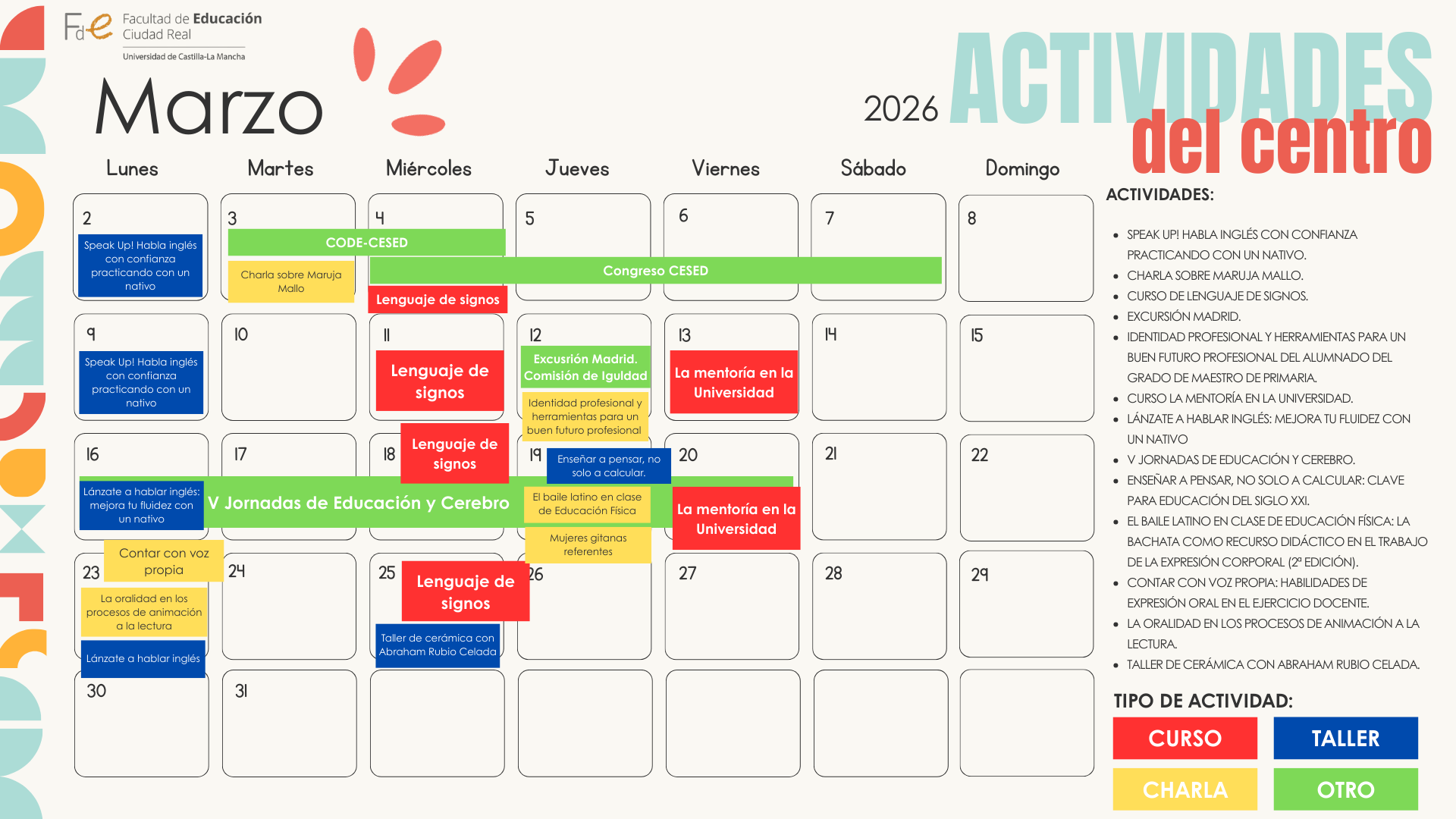 CALENDARIO CON LAS ACTIVIDADES DEL MES DE FEBRERO